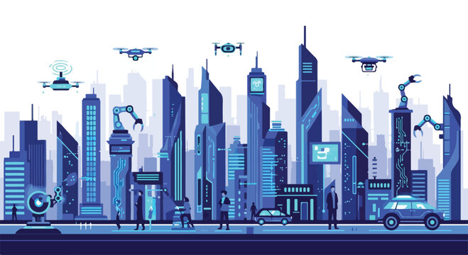 Flat 2D illustration of a futuristic cityscape with drones flying overhead, featuring sleek skyscrapers, flying cars, and pedestrians, showcasing a concept of and technological revolution in a modern