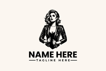 Fototapeta premium Black and white illustration of a woman in a leather jacket with a placeholder name and tagline on a light background.