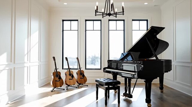 Elegant music room with grand piano and guitars by windows