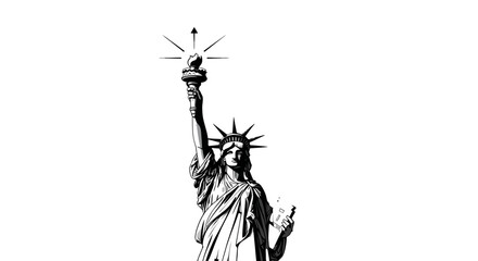 Stylized black and white illustration of the iconic Statue of Liberty holding her torch high, symbolizing freedom and enlightenment. © Leomord