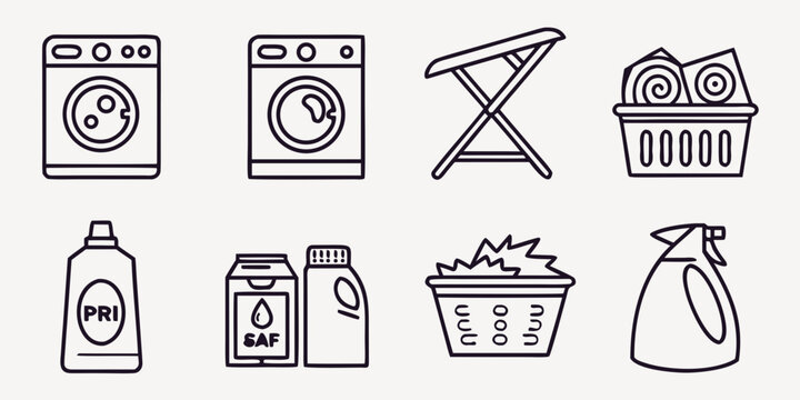 Line of laundry and cleaning washing machines dryer ironing board laundry basket