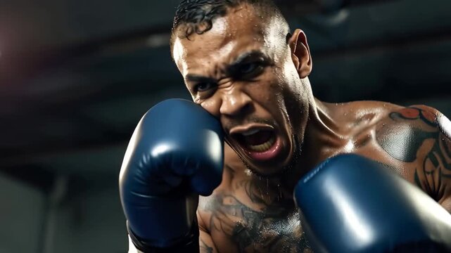 Boxer trains vigorously at a boxing gym, focusing on powerful punches and technique during an intense training session in the evening