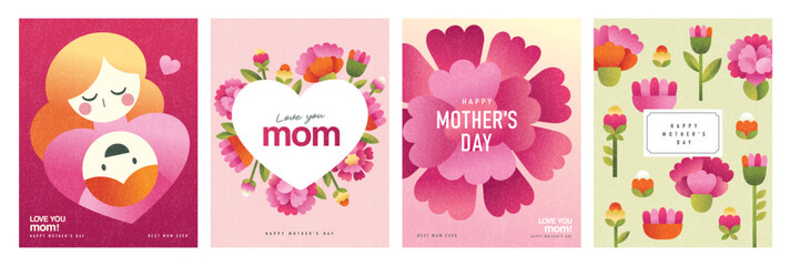 Set of Mother's Day greeting cards with mother and child, floral wreath, blooming flowers and elegant typography in soft pastel flat geometric illustration style. © LittleWhale