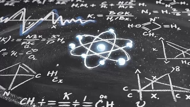 Conceptual science chalkboard art with a glowing atom, math equations, physics diagrams, representing deep academic principles and discovery