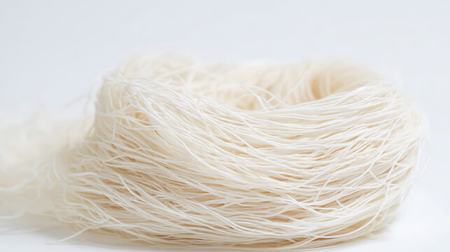 Delicate dried vermicelli noodles on a clean white background, raw and translucent, ready for culinary preparation, showcasing fine texture