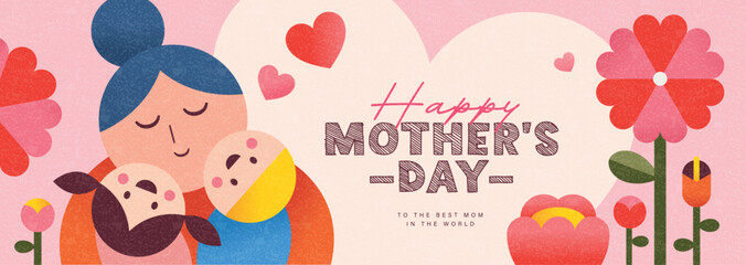 Happy Mother's Day greeting banner with loving mother and child, hearts, flowers and soft pastel decorative elements in flat geometric illustration style on abstract background. © LittleWhale