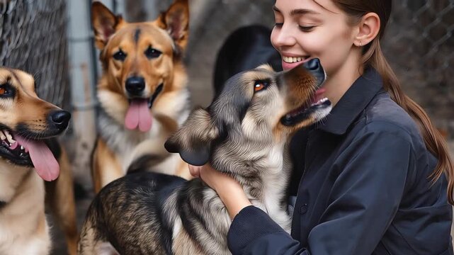 Female volunteer interacts joyfully with dogs at an animal shelter during an afternoon session dedicated to pet care and socialization