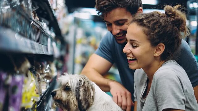 Couple enjoys shopping for dog supplies in bustling pet store during weekend outing with their furry friend