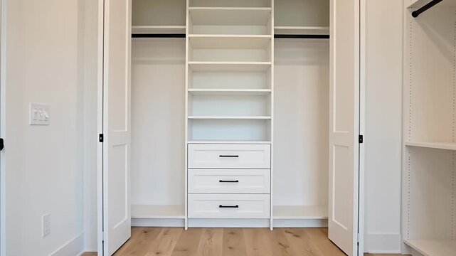 Empty modern white closet with shelves, drawers, and wood floor