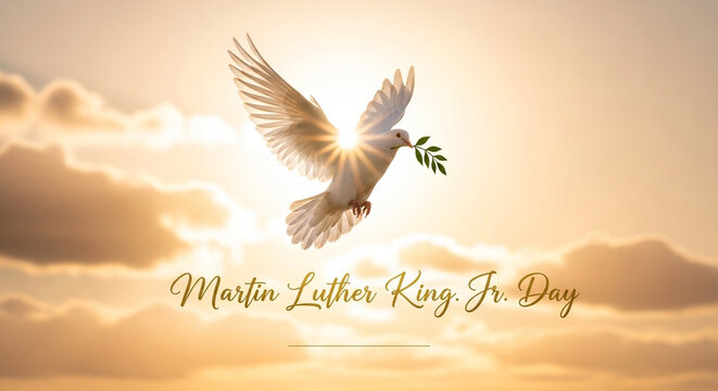White dove flying with olive branch at sunset on Martin Luther King Jr. Day