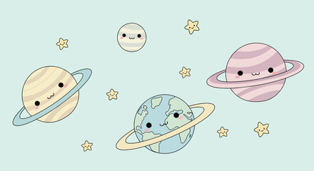 Three Cute Happy Cartoon Planets with Faces and Stars on a Light Blue Background © Galax