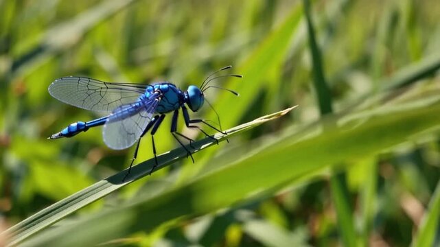 Blue damselfly perched on a blade of grass in a field