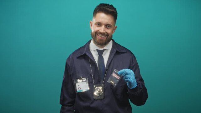Hispanic police detective holds evidence bag with gloved hand and badge visible in studio; confidence duty.