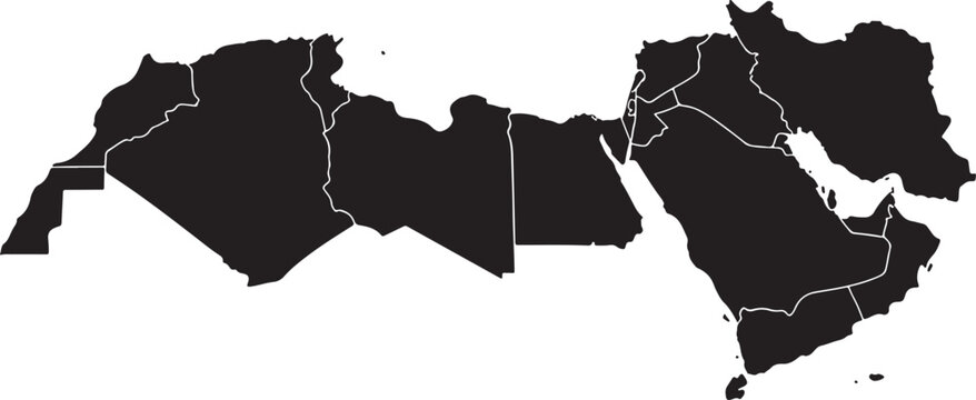 Silhouette map of Middle East countries on white background