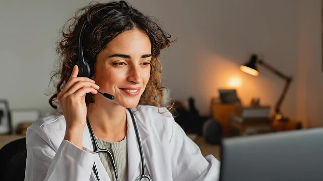 Portrait of a friendly female doctor wearing a white coat and headset, seated at a desk in a clinical office; warm lighting creates a calm, professional ambiance