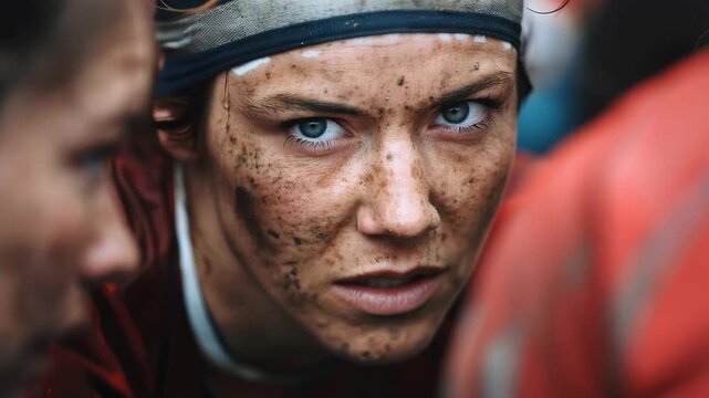 Close up of a female rugby player focused during a scrum, capturing determination and intensity in muddy conditions on the field