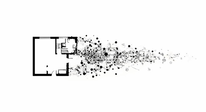 Architectural blueprint dissolving into abstract particles, representing change and deconstruction.