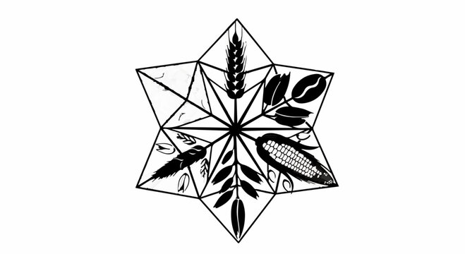 Geometric emblem featuring diverse agricultural crops symbolizing harvest and abundance