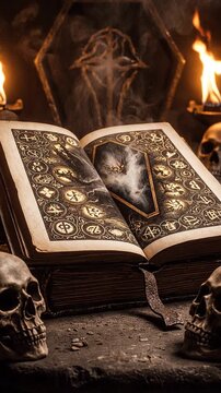 Mystic book with skulls and candles on dark background