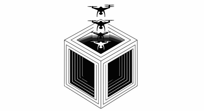 Three drones ascend from a geometric cube, symbolizing technology and progress.