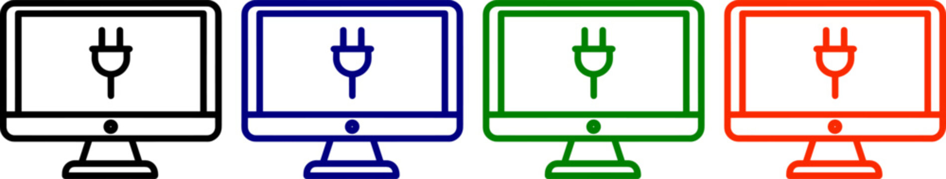 Computer screen with plug icon vector graphic set black blue green and red outlines