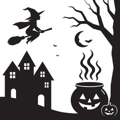Fototapeta premium Flying Witch Over Haunted House With Jack-o’-Lantern Cauldron Silhouette