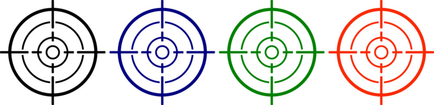 Crosshair targeting symbol in four different colors and styles for aiming and precision