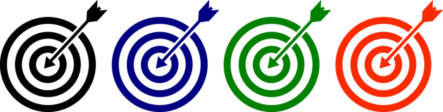 Dartboard target icons with arrow in black blue green red for accuracy and success goal