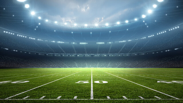 American Football Stadium at night. An imaginary stadium is modelled and rendered.