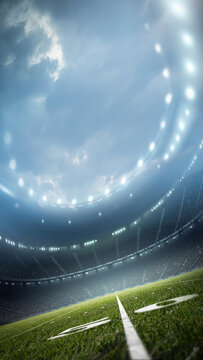 Angled view of American football stadium. An imaginary stadium is modelled and rendered.	