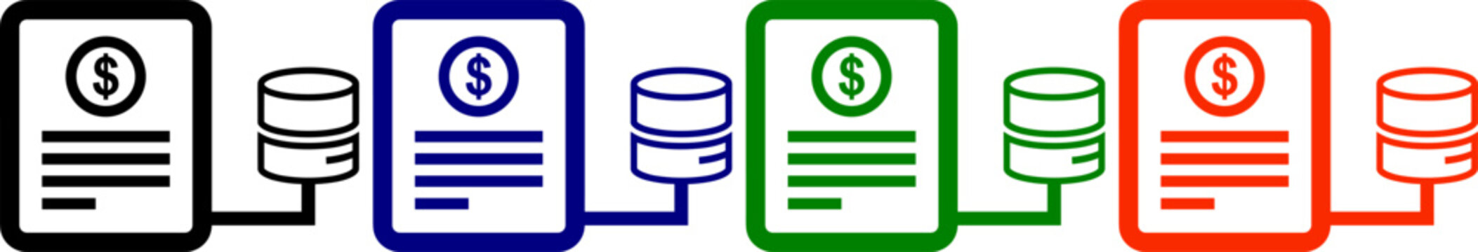 Digital payment icons with dollar sign and database in black blue green and orange outlines
