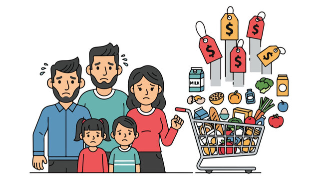 A cartoon family standing next to a shopping cart filled with various products and price tags, depicting a scene related to inflation and crisis in a flat 2D illustration.