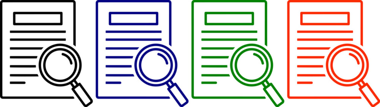 Document magnifying glass search icon set research analysis investigation discovery finding document analysis report paper study