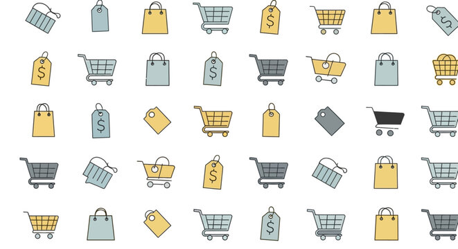 A vibrant, repeating pattern of essential shopping icons, including carts, bags, and various price tags, creates a dynamic retail theme.