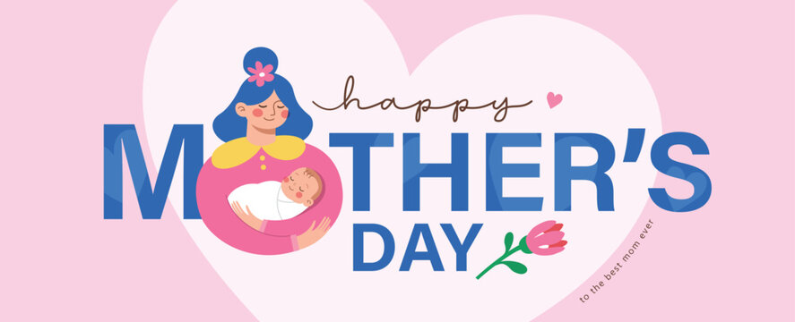 Happy Mother's Day greeting banner with elegant typography, floral accents, heart shape and cute mother and child illustration in flat geometric style on soft pink pastel background.