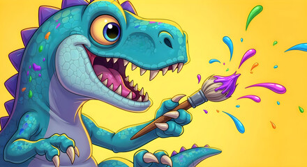 Obraz premium Smiling blue dinosaur painting with colorful brush
