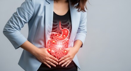 Woman experiencing intense abdominal pain, a serious intestinal disease, digestive system inflammation, gut health challenge, internal organ discomfort, gastroenterology concept