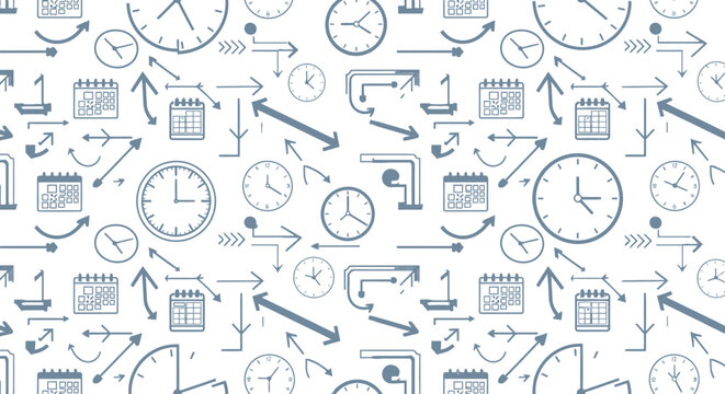 Seamless pattern featuring various analog clocks, monthly calendars, and directional flow arrows representing time management concepts