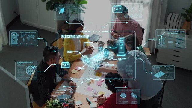 A diverse team of professionals collaborates in a modern office space, brainstorming innovative concepts for electric vehicles while utilizing advanced technology and digital tools. Raster