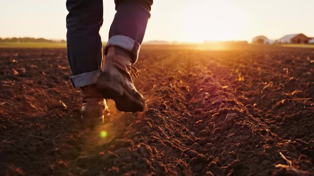Farmer working in field during sunset. Soil preparation shows authentic agricultural scene. Nature reflects hard work and dedication to farming.