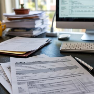 A cluttered office desk with tax forms and paperwork scattered everywhere