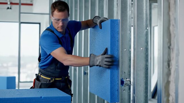 A construction worker installing blue thermal insulation panels into a metal frame. Builder fitting foam boards for wall insulation. Building and renovation concept