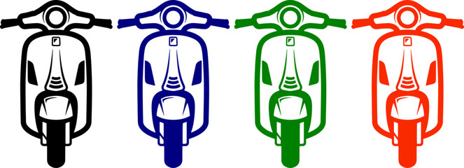 Front view of four scooters in black blue green and orange colors on transparent background © photo forest