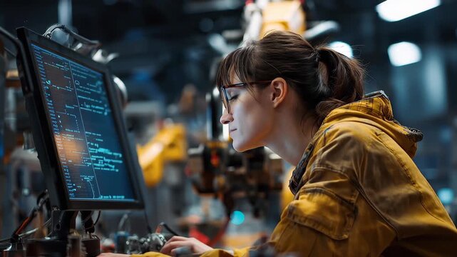Female industrial engineer analyzes data from robotic systems in a modern factory setting during daylight hours