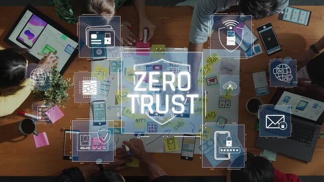 Engaging scene of professionals collaborating in a modern workspace, emphasizing zero trust cybersecurity principles with devices, charts, and creative ideas. Raster
