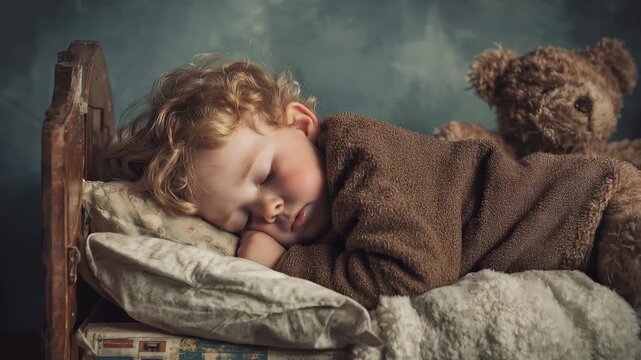 Cute small boy peacefully sleeping on a cozy bed with a teddy bear during childhood in a warm, inviting room