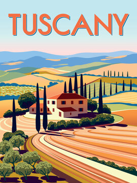 Romantic rural landscape in sunny day in Italy with vineyards, farms, meadows, fields and trees in the background. Handmade drawing vector illustration. Flat design. Poster in the Art Deco style.