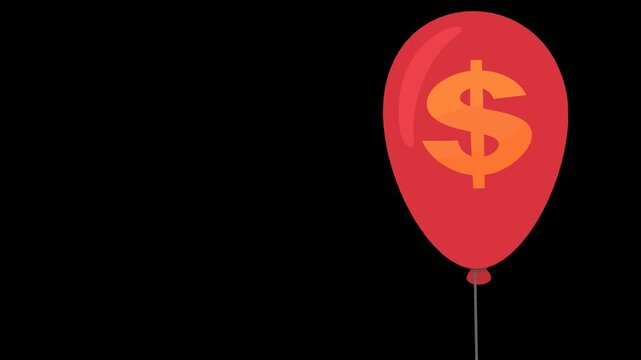 Animated hand popping a red balloon with a dollar sign, representing inflation or market crash. Chroma key green screen with alpha channel.