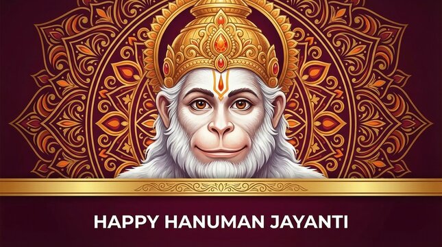 Happy Hanuman Jayanti Vector Illustration: Lord Hanuman Divine Portrait with Golden Mandala Background and Greeting Text