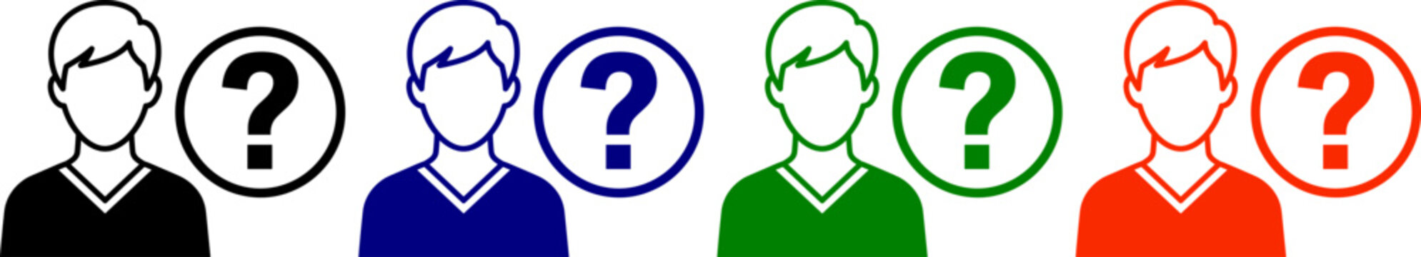 Person icon with question mark symbol in four different colors and styles for help